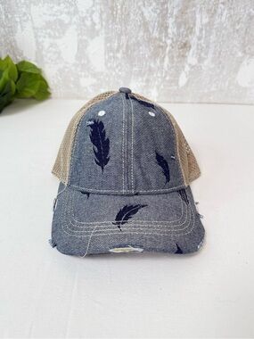 C.C Distressed Denim Feather Ponytail Trucker Hat NWT